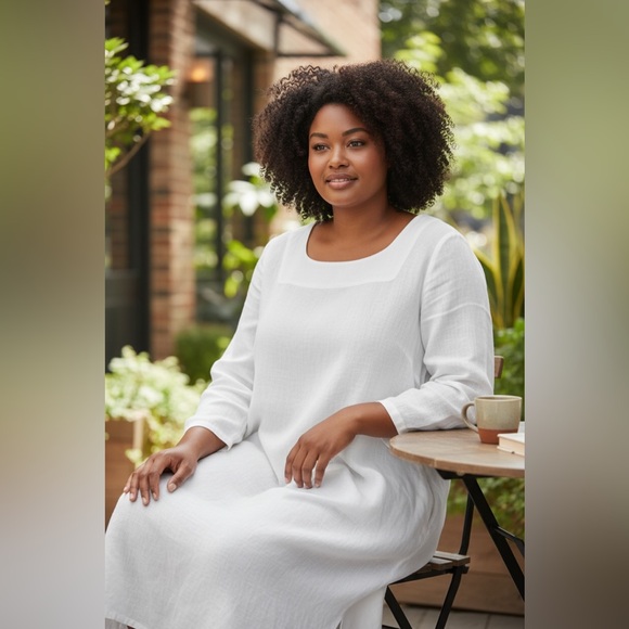 Flax Dresses & Skirts - Flax White Linen Textured MIDI Loose Fit Summer Dress Minimalist Resort-wear